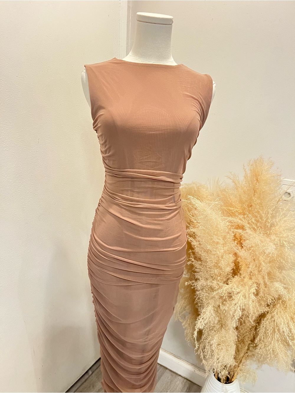 Sleeveless Ruched High-Low Midi Dress in Blush Nude